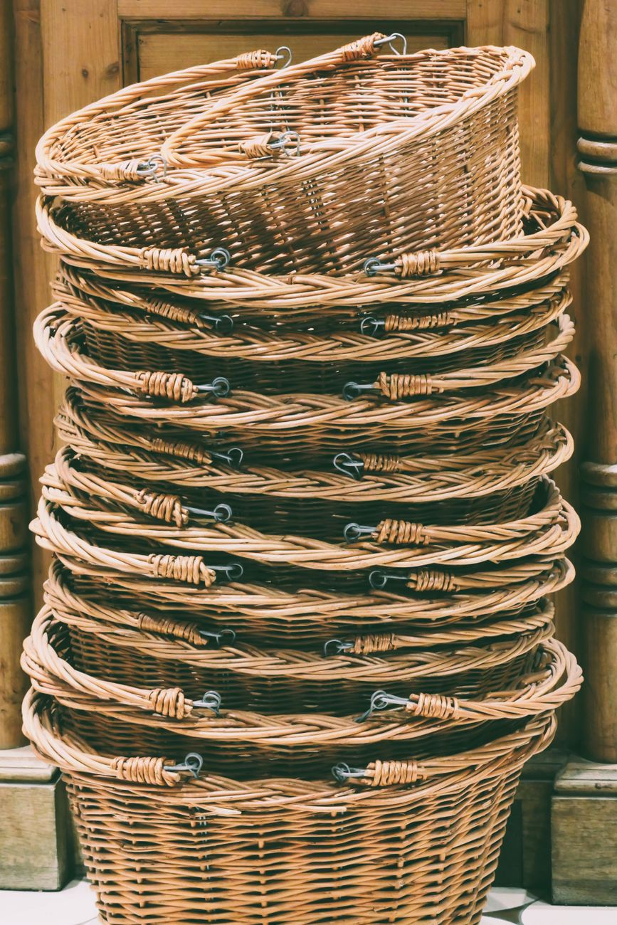 Traditional woven willow baskets display